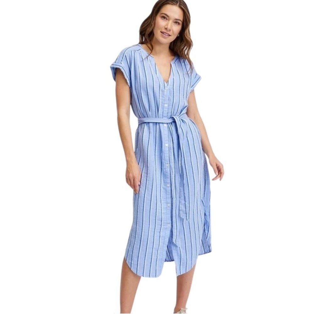 NWT GAP Blue & White Striped Tie Waist Button Front Gauze Midi Shirt Dress - S P